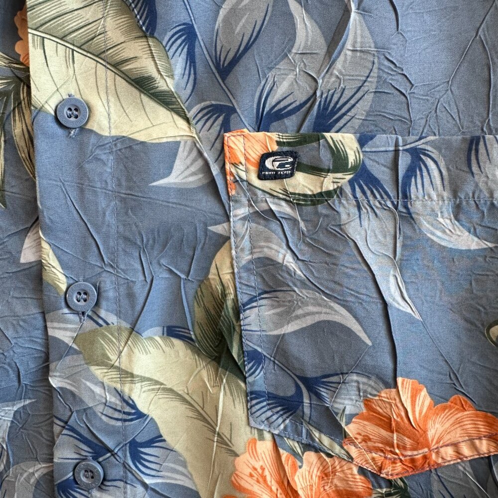Vintage 90s-Y2K Point Zero Orange Label Hawaiian Shirt XL Blue Floral Hibiscus - Picture 4 of 7